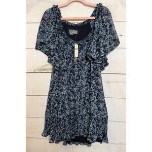 By Anthropologie NWT Size XS Dress Navy Blue Floral Print Ruffles MSRP $178